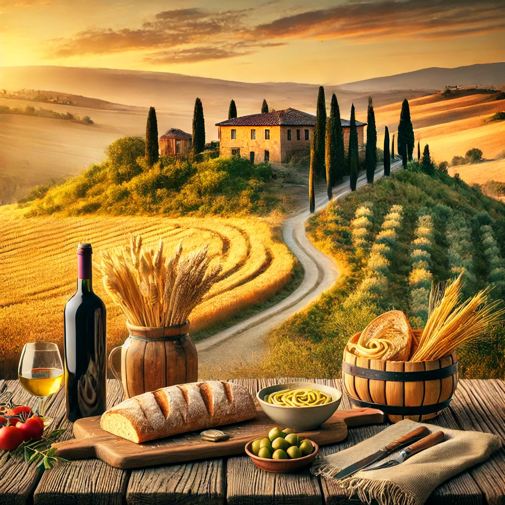 A breathtaking view of the rolling hills of Tuscany at sunset, with golden fields, vineyards, and a charming stone farmhouse. 